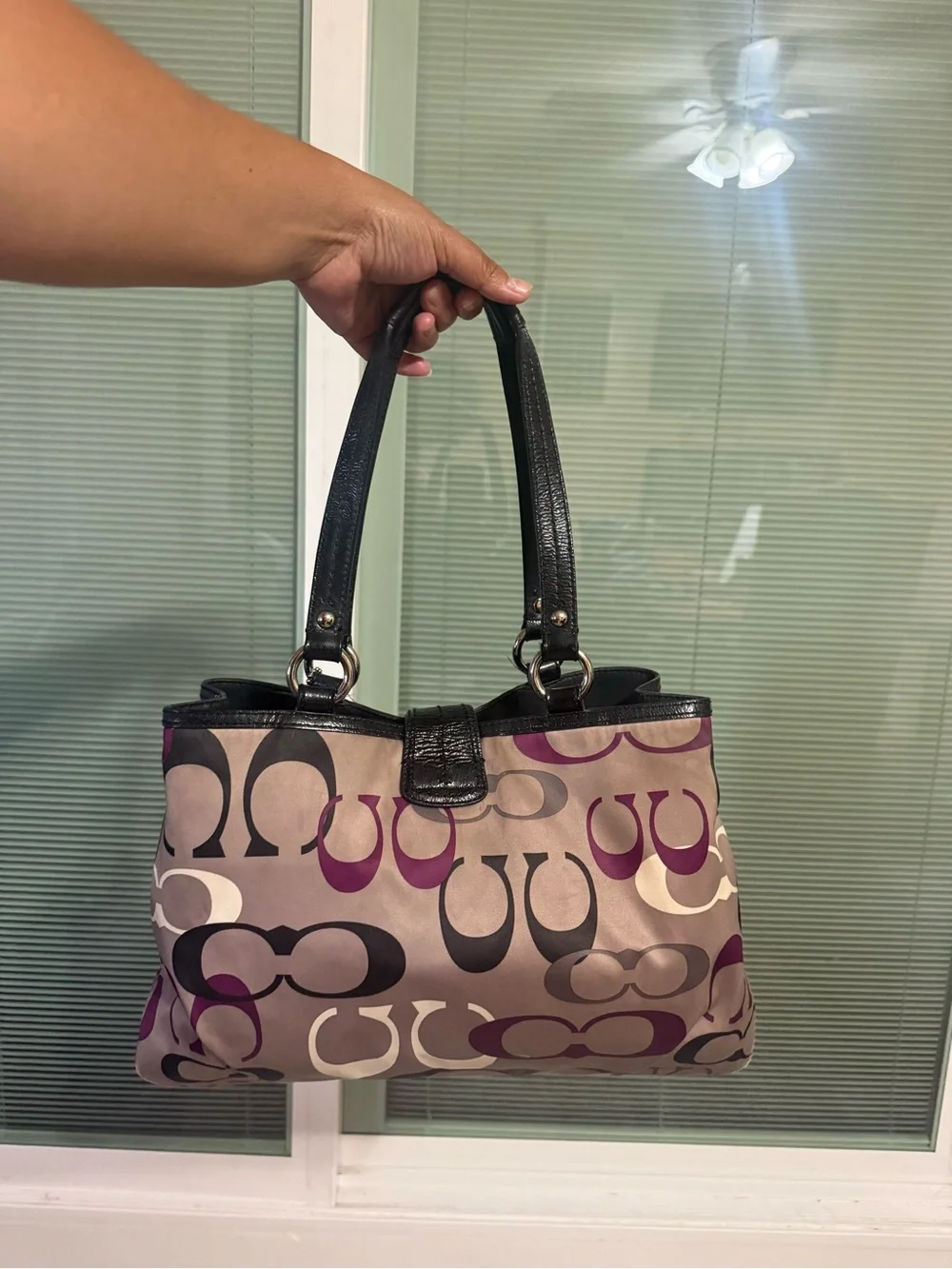 Coach Signature Canvas Shoulder Bag in Taupe, Purple and Black